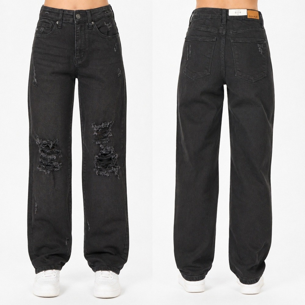 New Judy Blue Black Distressed Boyfriend Jeans High Rise Size 0/24 NWT JB82161BK